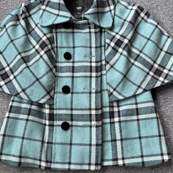 Mossimo Plaid Cape Style Sleeve Wool Blend Pea Coat Sz L Robin Blue - Picture 3 of 12